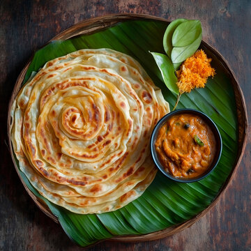 Kerala Porotta or paratha, layered flatbread served on fresh banana leaf with curry, south Indian food, Malabar fresh homecooked coin parotta.