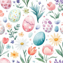 A vibrant watercolor design of Easter eggs and floral patterns arranged in a seamless, flat design on a white background. The Easter eggs are decorated in soft pastel shades of pink, lavender, mint gr