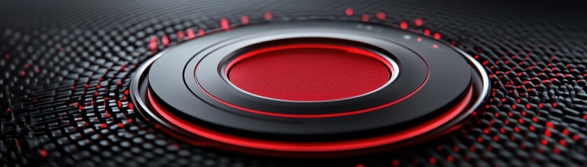 Striking contrast, a bold red button on smooth, dark surface vivid