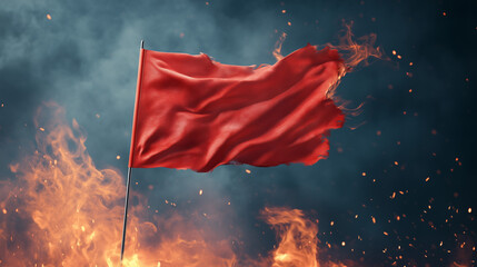 Red Flag Warning: A stark red flag billows against a dramatic backdrop of flames, a potent symbol of danger, urgency, and the need for immediate action. The image conveys a sense of warning, caution.