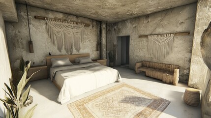 A simple Wabi-Sabi bedroom with textured wallpaper, macram art, and a bed adorned with beige and white linens.