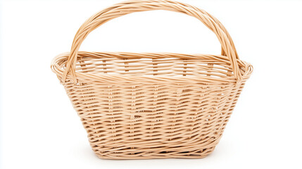 Obraz premium Wicker Basket: A charming light beige wicker basket with a sturdy handle, perfect for rustic settings or gift presentations. The elegant weave showcases natural craftsmanship. 