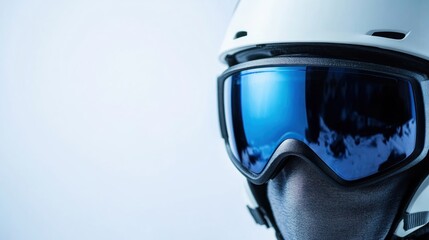 Fototapeta premium Skier's blue goggles and helmet, snowy mountain reflection, winter sports