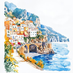 Picturesque watercolor painting of Amalfi Coast, showcasing colorful houses perched on cliffs overlooking sea. vibrant scenery evokes sense of tranquility and beauty
