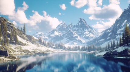 Serene Snowy Mountain Landscape with Calm Lake Reflection and a Beautiful Sky