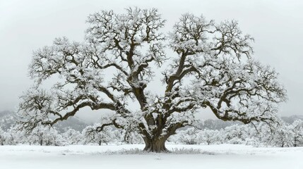 Majestic Snow Covered Oak Tree Winter Landscape