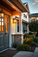 Dream House Exterior: Brick Facade, Warm Lighting, and Landscaped Garden. An inviting entrance to a beautiful home at sunset.
