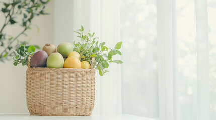 Summer Fruit Harvest in Basket: A rustic woven basket overflowing with a vibrant mix of fresh fruits – apples, mangoes, lemons, and limes – adorned with sprigs of fresh herbs.