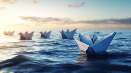 Obraz premium Paper boats sailing sunset ocean teamwork