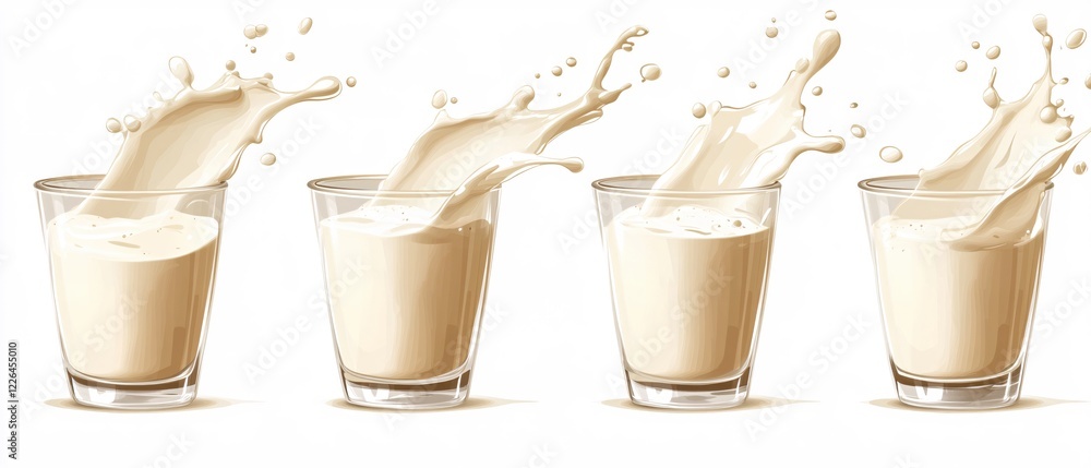 Poster four glasses with milk splashing out in a sequence against a plain white background