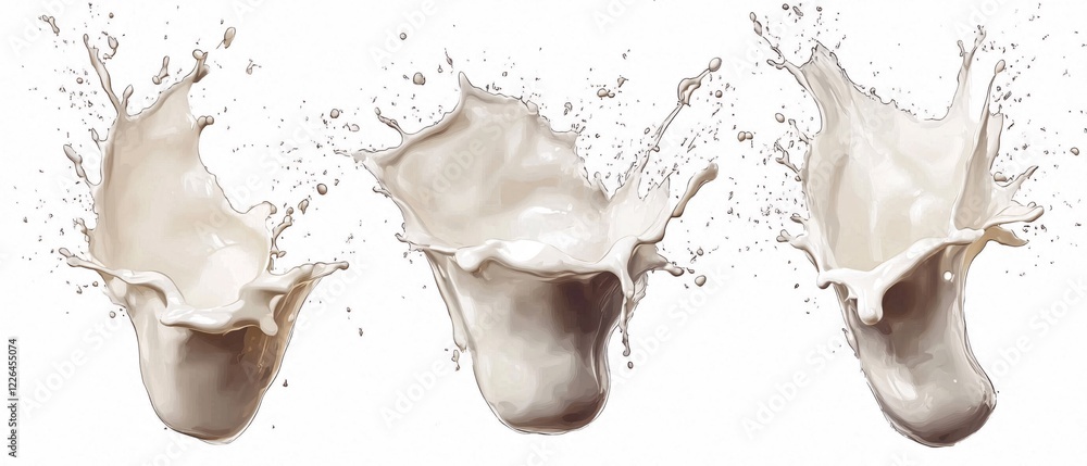 Poster three dynamic milk splashes with droplets on a white background in a vector illustration style