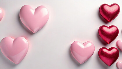 Fototapeta premium Decorative Shiny and Glittery Red Hearts Arranged on a White Background