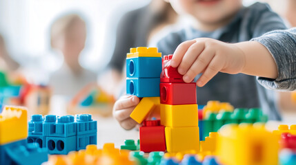 Fototapeta premium Building Blocks of Imagination: A close-up of a child's hand, meticulously placing colorful building blocks, creating a world of limitless possibilities.