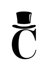 Letter C with Top Hat Silhouette, Black silhouette of the letter C wearing a stylish top hat, symbolizing elegance, sophistication, and classic design on a light gray background.  
  
