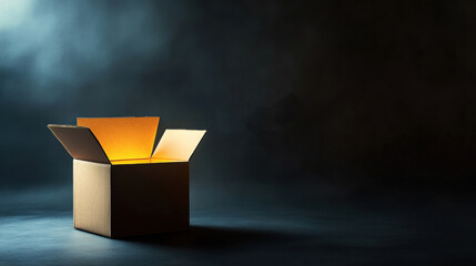 open cardboard box with light above, representing business packaging, design, and creativity in a blank template