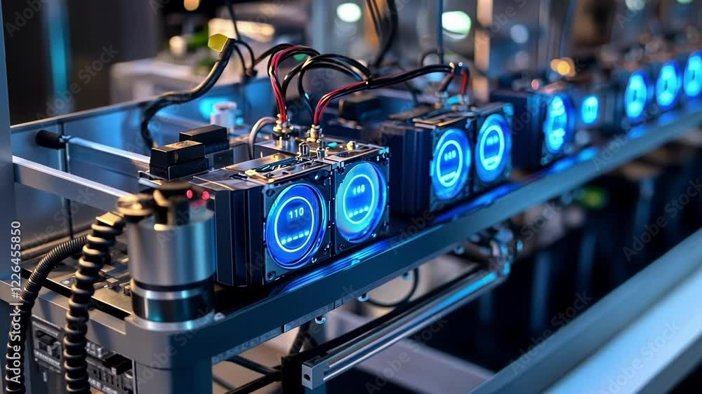 Poster close up of cryptocurrency mining hardware operating with illuminated blue lights, showcasing comple