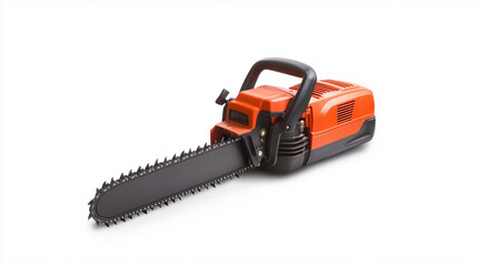 Naklejka premium Orange Chainsaw on White Background: A close-up of a powerful orange and black chainsaw against a clean backdrop, ready for action, with a sharp black blade, symbolizing power and efficiency. 