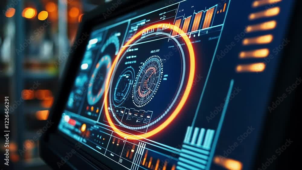 Poster complex digital interface showing various parameters and metrics related to manufacturing processes,