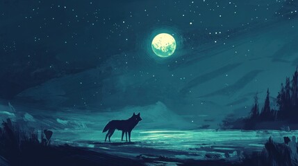 Lone wolf howling under a full moon, snowy mountains