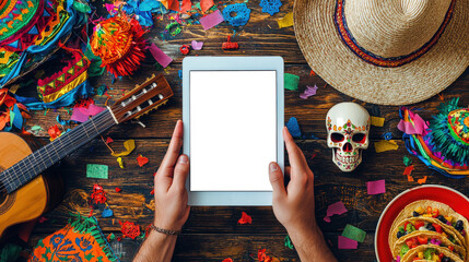 Concept of advertising a Mexican restaurant. ordering and delivery of Mexican food. Tablet mockup. Man is holding a tablet with a white screen on the background of a table with a guitar, hat, skull