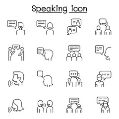 Talking, Speaking and communication icon set in thin line style