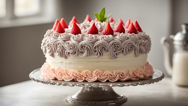 Delicious strawberry and buttercream rosette cake on a silver cake stand.