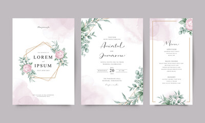 Pink rose flower green leaves geometric frame elegant wedding invitation set