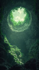 Fototapeta premium A heart-shaped opening in a cave ceiling with birds flying above and lush greenery