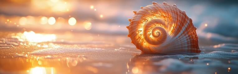 A detailed seashell surrounded by glittering bokeh, symbolizing natural beauty and elegance. Ideal for nature, design, and art projects.