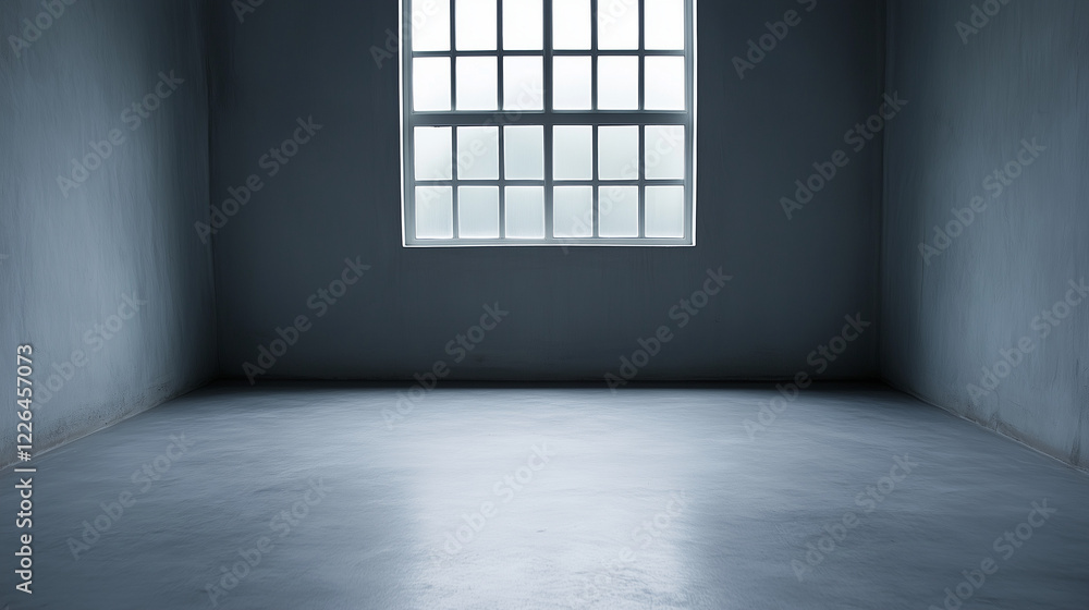 Poster light streaming in: a solitary window in a minimalist room, casting a beam of light across the concr