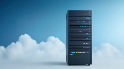 Cloud computing server against a vibrant blue sky, symbol of modern technology