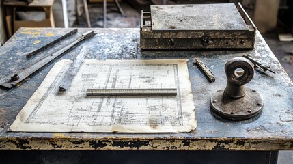 A weathered work table with blueprints, a vintage pencil sharpener, and a metal ruler.