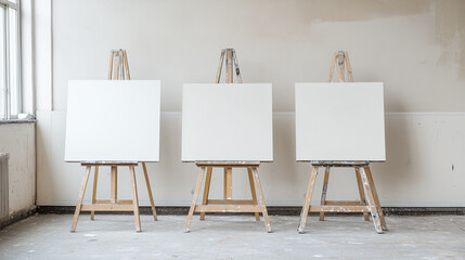 Blank Canvas Inspiration: Three pristine white canvases rest on wooden easels, awaiting the brushstrokes of creativity in a spacious studio setting. This image evokes potential.