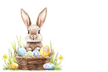 Easter day bunny with colorful eggs in watercolor style spring meadow cheerful art