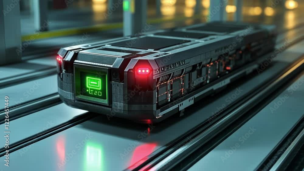 Poster futuristic delivery robot moving on an automated conveyor belt inside a modern warehouse, showcasing