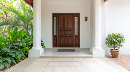 Home Entrance Serenity: A rich, dark wood front door welcomes visitors to a tranquil home. Flanked by lush greenery and elegant white columns, it creates a serene and inviting atmosphere.