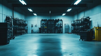 A wide shot of a service bay featuring tire racks, tool carts, and a clean concrete floor.
