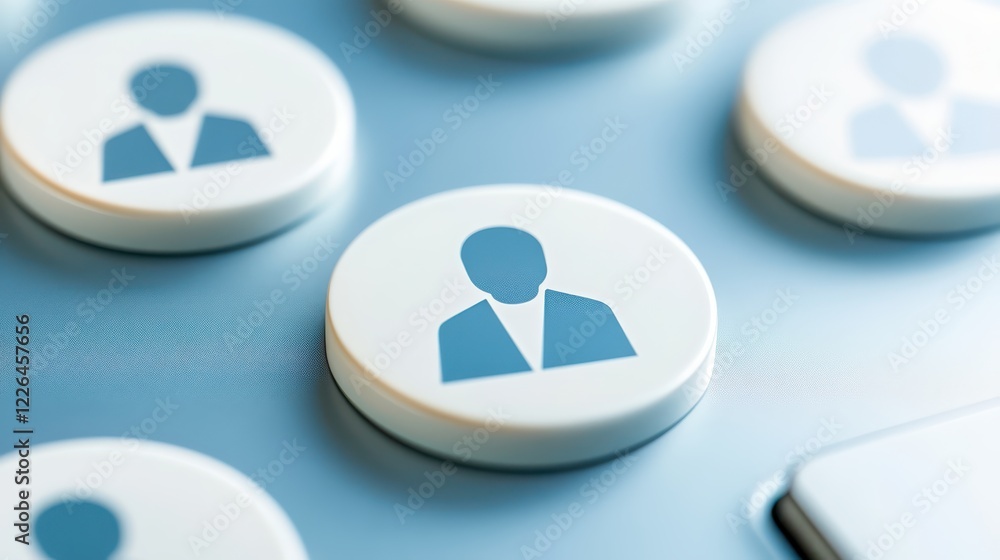 Poster closeup of a white circular button with blue icon, minimalist digital design element for modern inte