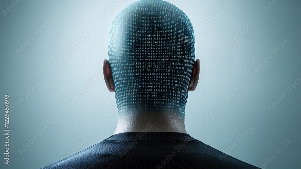 Poster man with binary head, a conceptual image of technology's impact on humanity
