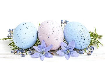 Easter watercolor eggs and flowers in a bright spring garden still life photography