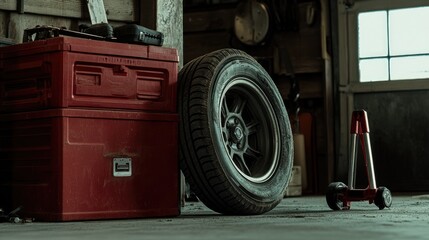 Fototapeta premium A winter tire leaning against a toolbox, with a hydraulic jack on the floor nearby.