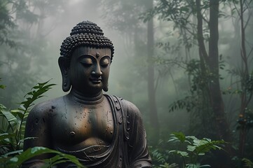Buddha statue emerging from dense morning fog, surrounded by a lush green forest