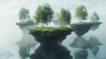 A surreal landscape with floating islands composed entirely of photographs depicting different natural environments