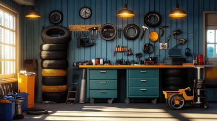 A workshop scene with stacked tires, a rolling cart, and repair tools neatly arranged.