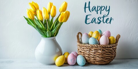 A decorative Easter basket with colorful eggs, willow branches, and tulips in a rustic setting. Ideal for Easter campaigns, blogs, or festive decor inspiration.