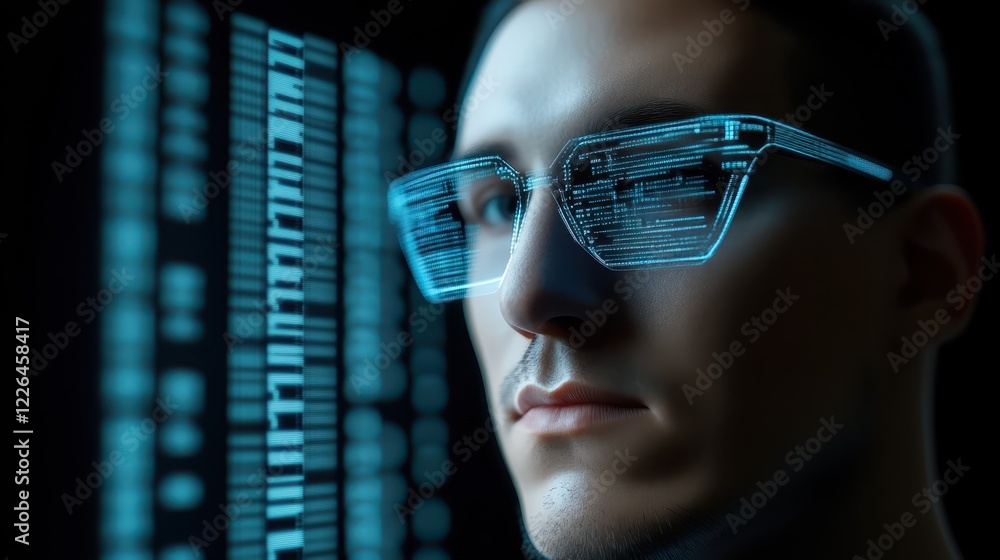 Poster man with glasses navigating a futuristic interface, glimpse into the digital