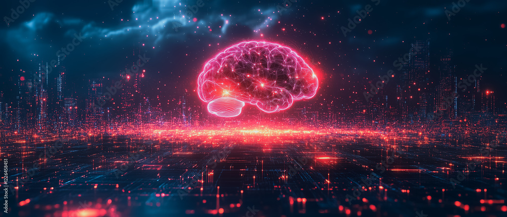 Poster digital brain over cityscape: a glowing, digital rendering of a human brain hovers over a futuristic