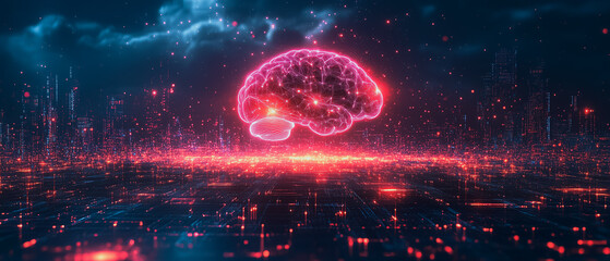 Digital Brain over Cityscape: A glowing, digital rendering of a human brain hovers over a futuristic cityscape, pulsating with energy and data streams.