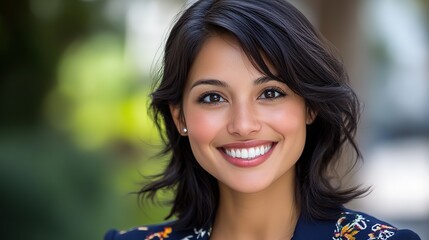 close up woman face portrait with calm and optimistic vibes, pretty Indian woman at green park 