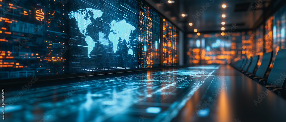 Poster global data center: an expansive, futuristic data center is illuminated by a mesmerizing display of 